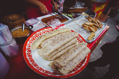 High angle view of breakfast served on table