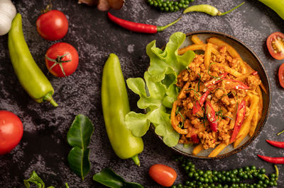 High angle view of fruits and vegetables on plate