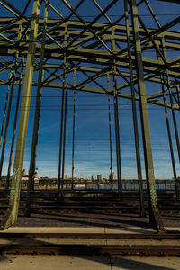 Low angle view of railroad tracks against clear blue sky