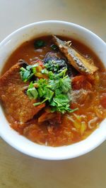 High angle view of soup in bowl on table