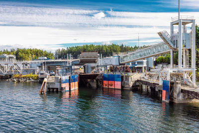 Boats moored in harbor against sky