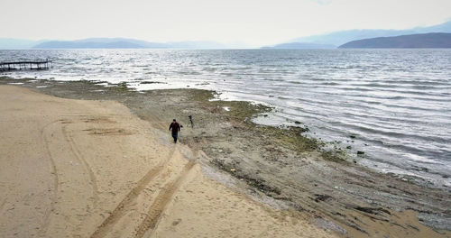 Rear view of man walking on beach