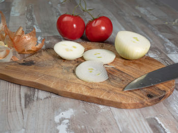 High angle view of chopped vegetables on cutting board