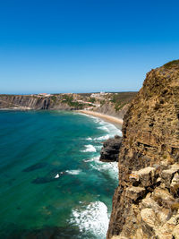 Scenic view of bay against clear blue sky