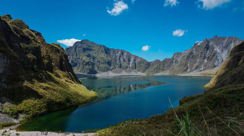 Scenic view of lake and mountains against blue sky