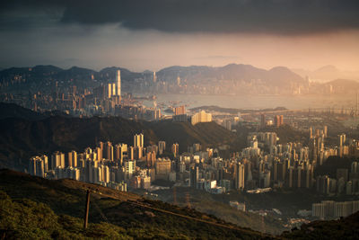 High angle view of cityscape against sky during sunset