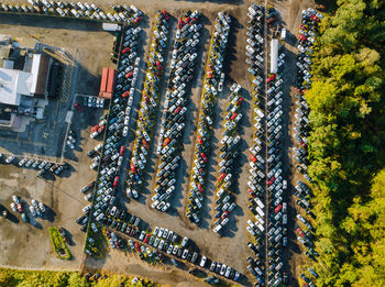 High angle view of multi colored umbrellas hanging on tree