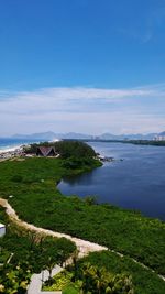 Scenic view of sea against blue sky