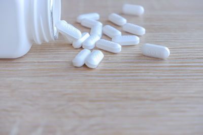 High angle view of bottles on table