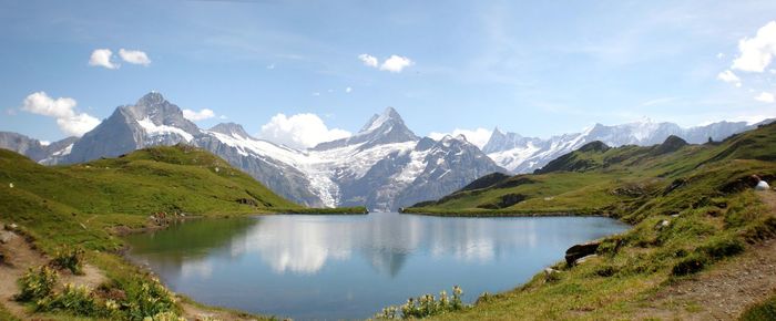 Scenic view of lake and mountains against sky