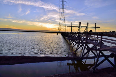 Silhouette electricity pylon by lake against sky during sunset