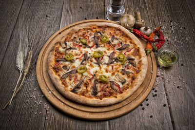 High angle view of pizza in bowl on table