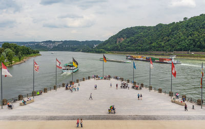 High angle view of people on beach against sky