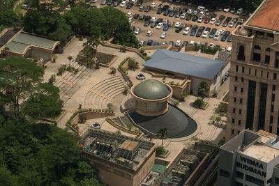 High angle view of gazebo by buildings in city