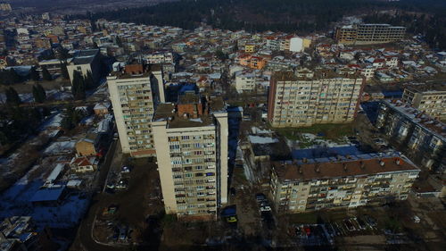 High angle view of city lit up