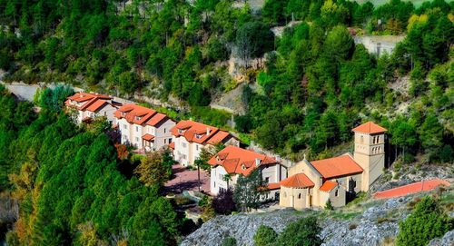 High angle view of houses by trees against sky