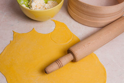 High angle view of bread in bowl on table