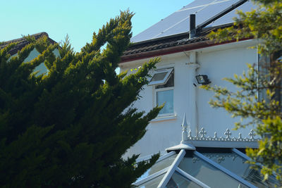 Low angle view of trees and building against sky