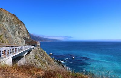 Scenic view of sea against clear blue sky