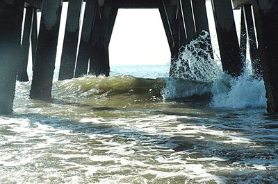 Water splashing on beach against sky