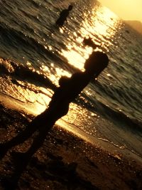 Close-up of silhouette wood against sea during sunset