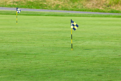 High angle view of golf flag on field