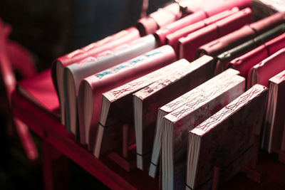 High angle view of books arranged on table