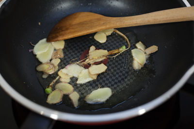 High angle view of food in cooking pan