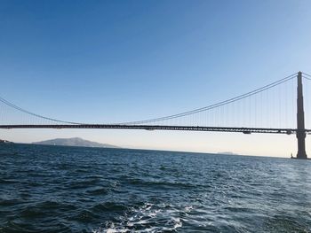 Suspension bridge over sea against clear sky