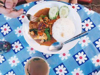 High angle view of food in plate on table