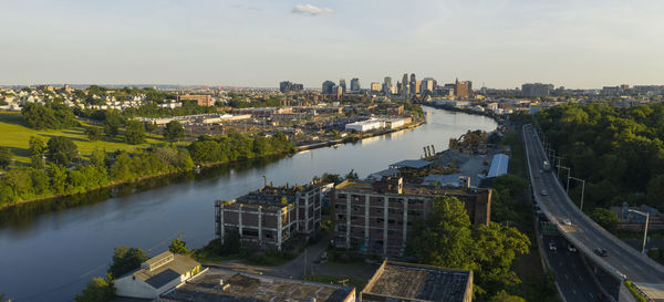 High angle view of buildings in city