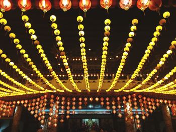 Illuminated lanterns hanging on ceiling at night