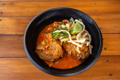 High angle view of food in bowl on table