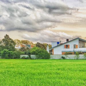 View of grassy field against cloudy sky