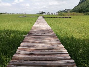 Surface level of dirt road on field against sky