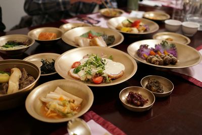 High angle view of meal served on table