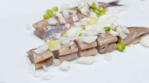 High angle view of chopped vegetables on table