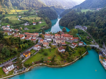 Aerial view of most na soci with soca river in slovenia