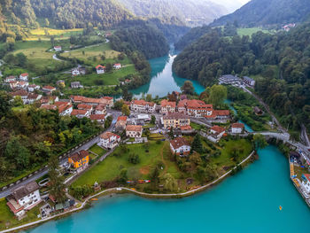 High angle view of townscape by sea