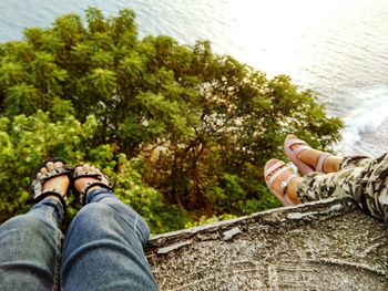 Low section of people relaxing on tree