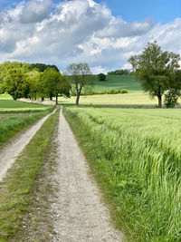 Empty road amidst field against sky