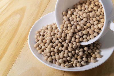 High angle view of eggs in bowl on table