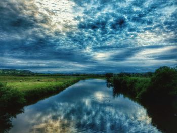 Scenic view of lake against cloudy sky