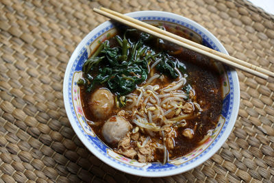 High angle view of soup in bowl on table