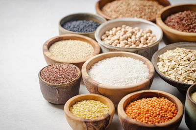 High angle view of food in bowls on table