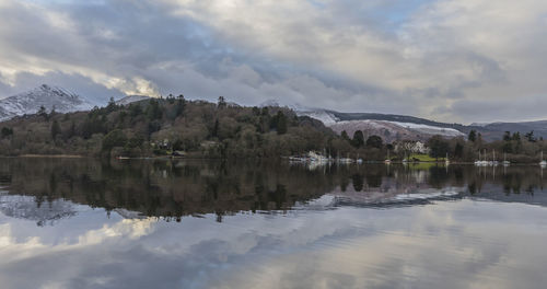 Scenic view of lake by trees against sky