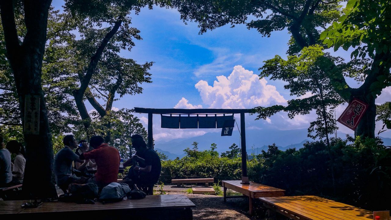 REAR VIEW OF PEOPLE SITTING AT PARK AGAINST SKY