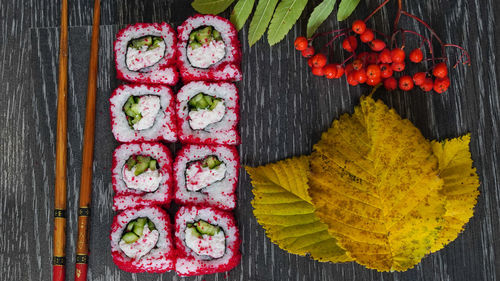 High angle view of fruits on table