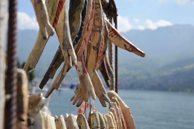 Close-up of clothes hanging on lake against sky