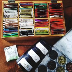 High angle view of multi colored pencils on table